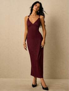 Women's Euro-American Style Midi Party Dress With Straps, Pleated Waist, Fitted Waist - 深棕色 - 查看 7