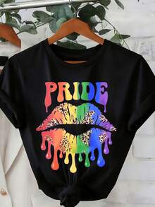 Pride Rainbow Lips Leopard Print Graphic Tee For Pride Month Celebration Party Wear - Black - View 2