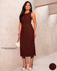 Women's Midi Dress Elegant Casual Buttons Front Simple Button - 鏽棕色 - 查看 2