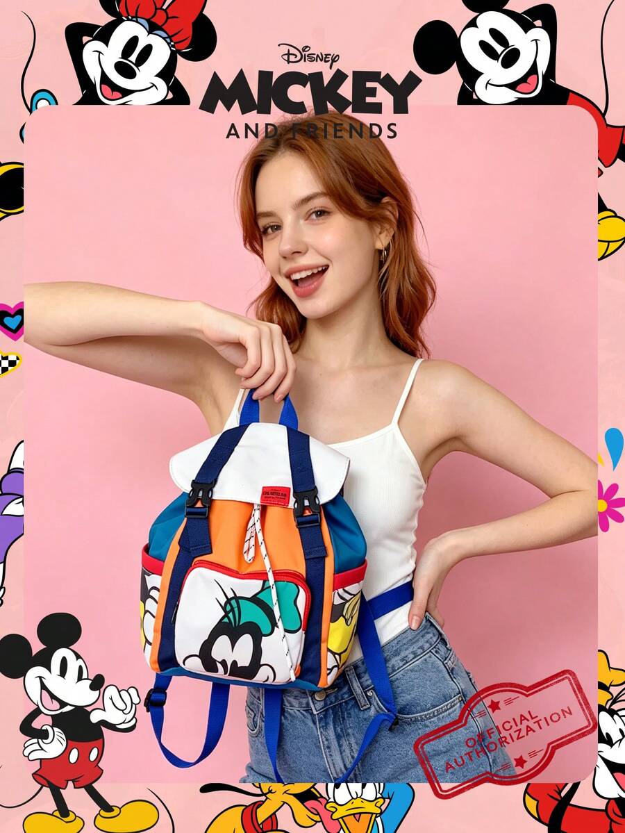 1pc Disney Official Licensed Mickey/Goofy Pattern Drawstring Backpack, Color-Block Nylon Daily Bag, Casual Backpack, Cartoon School Bag, Suitable For Students/Girls/Fans/Teens/Graduates, Essential For Daily Use, Outings, Travel, Shopping And Back To School Season - DHF51981-mF - View 1
