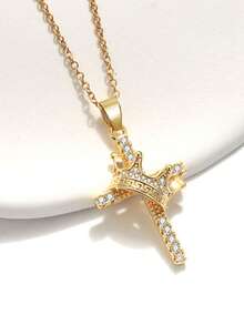 1pc Women's Pendant Necklace, Copper Inlaid Zirconia Crown Cross Pendant Necklace, Daily Versatile Layering Accessory - Yellow Gold - View 2