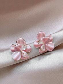 1 par de pendientes de botón con diseño de flor asimétrica elegante y dulce estilo francés, gota de aceite rosa, adecuados para el uso diario y casual de las mujeres - Rosa - Ver 5