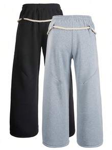 HEYKESON 2pcs Men's Thick Cable Knit Tassel Drawstring Wide Leg Sweatpants, Loose Casual Style Long Pants - Multicolor - View 4