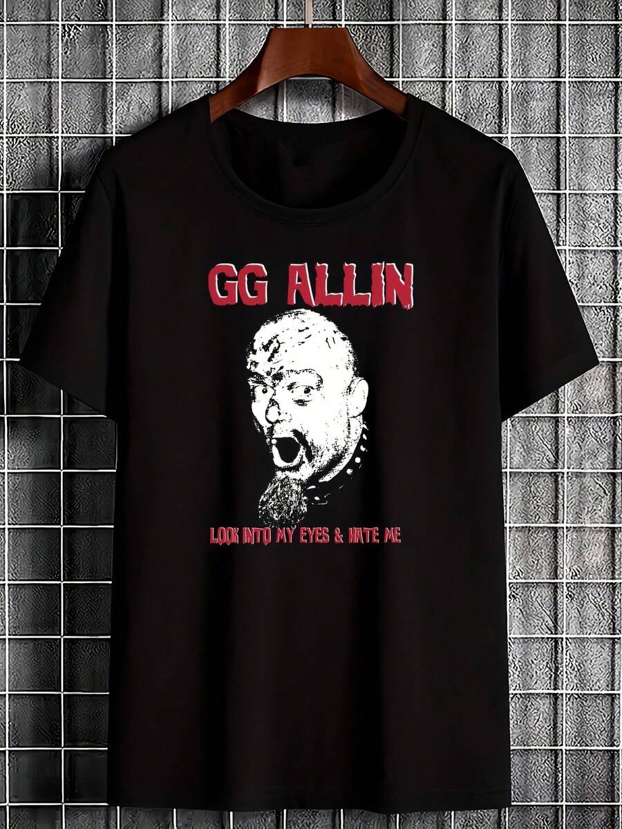 Camiseta gráfica vintage de los años 2000 GG Allin Look Into My Eyes And Hate Me - Camiseta unisex negra de estilo urbano con texto rojo, tela suave y transpirable, corte regular, top casual - Negro - Ver 1
