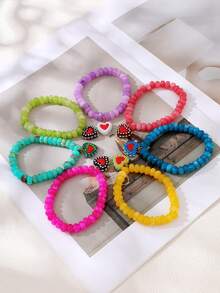 1pc Bohemian Flirty Style Y2K Creative Fashion Elegant Exquisite Gorgeous Minimalist Dopamine Color Natural Stone Beaded Resin Colorful Heart Pendant Elastic Bracelet For Women Sisters Couples Prom/Graduation Jewelry Gift, Suitable For Daily Wear, Dating, Party, Holiday, Summer Beach Vacation (Bead Color Random) - Hand Strap - View 3