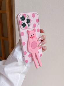 1pc Pink Side 3D Heart, Painted Polka Dot Pattern + Foldable Cute Pig Stand Phone Protective Case, Compatible With IPhone 17/17pro/17promax/16/16pro/16promax/15/15pro/15promax/15plus/14/14pro/14plus/14promax/13/13pro/13promax/12/12pro/12promax/11/11promax - Multicolor - View 9