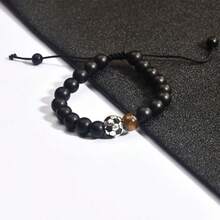 1pc Men's Football Beaded Bracelet, Black Matte Tiger Eye Stone Bracelet, Black Matte Beaded Football Theme Bracelet With Tiger Eye Stone Accents, Simple Adjustable Braided Rope Design, Personalized Versatile Sports Style Accessory - Multicolor - View 9