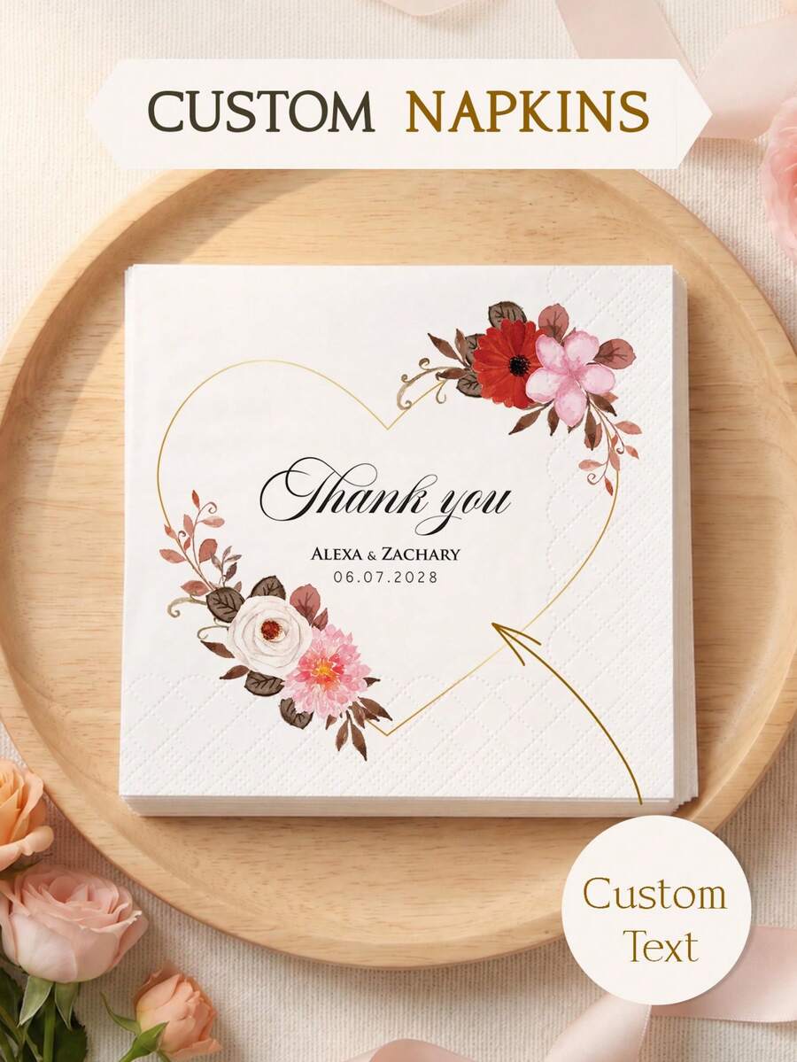 15-500pcs Custom Floral Wedding Napkins, 3-Ply Personalized Engagement ...