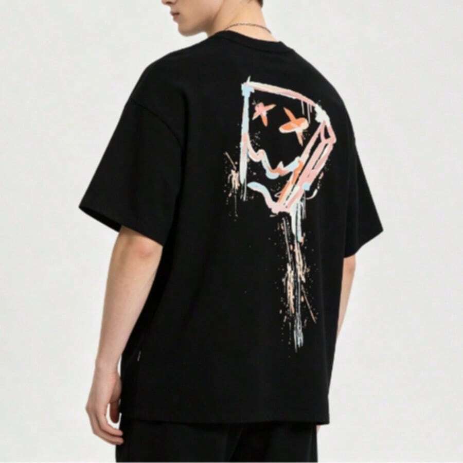 2026 Men's Loose-Fit T-Shirt With Splash Pattern, Crew Neck, Short Sleeve, Streetwear, Summer T-Shirt - 黑色 - 查看 1