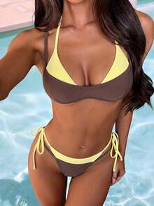 Women's Retro Polka Dot And Striped Bikini Swimsuit, Casual And Fashionable For Vacation, Music Festivals, Cup Races, Kentucky Derby, Summer Beach. - 黃色咖啡色 - 查看 1