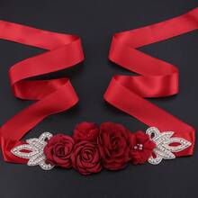 Sabuk Pengantin Dekorasi Berlian Imitasi & Bunga - Burgundy - View 4