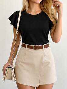 Women's Autumn Outfit, Spring/Autumn 2 Pieces Set, Black Top With Ruffle Sleeves + Apricot Skort With Diagonal Texture, Elegant Mature Style Summer - Black - View 6