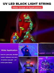 ONELEDWANGRX Tira de luz negra IP65 impermeable para interiores/exteriores de Halloween con interruptor, cadena de luz negra LED UV 9-30M/29.5-98.4ft alimentada por USB, luz de lavado de pared ultravioleta, luz de fiesta de pintura corporal fluorescente de neón, luz de decoración de aula para pósteres fluorescentes - Blanco - Ver 3