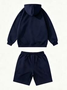 2pcs Men's Casual Hooded Sweatshirt Set, Fitness Suit, Shorts Set, Unisex, Suitable For Daily Wear & Home, Couple, Embroidered - Dark Wash - View 4