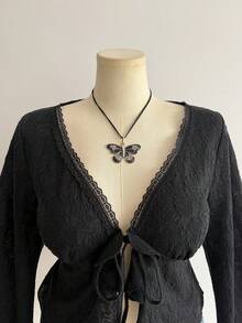 Bohemian Style Rose Textured Knit Top, Elegant Casual Romantic Ruffle Tie Top, Suitable For Autumn/Winter And Halloween Black - Black - View 7