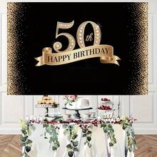 1 pieza Pancarta de 50º cumpleaños en negro & dorado, material de poliéster, adecuada para cumpleaños, reunión de amigos, celebración de aniversario, boda, decoración interior/exterior, decoración del hogar, jardín, decoración del patio y tema general - A - Ver 7