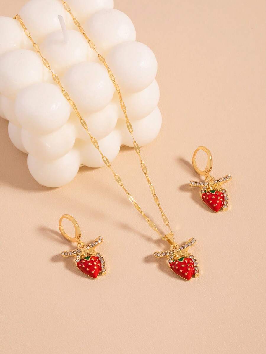 1 Set 3pcs Fashion Sweet Cute Rhinestone Bow Strawberry Pendant Necklace & Earrings - Multicolor - View 1