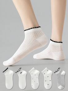 ZUJO 5 Pairs Women's Black And White Polka Dot, Bow And Striped Pattern Short Socks, Simple And Comfortable, Suitable For Spring, Autumn And Summer - View 4