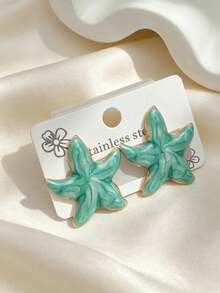 1 Pair Stainless Steel Gold-Plated Oil Drop Earrings, Low-Allergy Fade-Resistant, Elegant Green Enamel Starfish Earrings, Summer Forest Ocean Beach Style, Bohemian Style, Suitable For Women's Daily Wear, Dates, Vacations And Valentine's Day, Perfect Holiday Gift - Multicolor - View 1