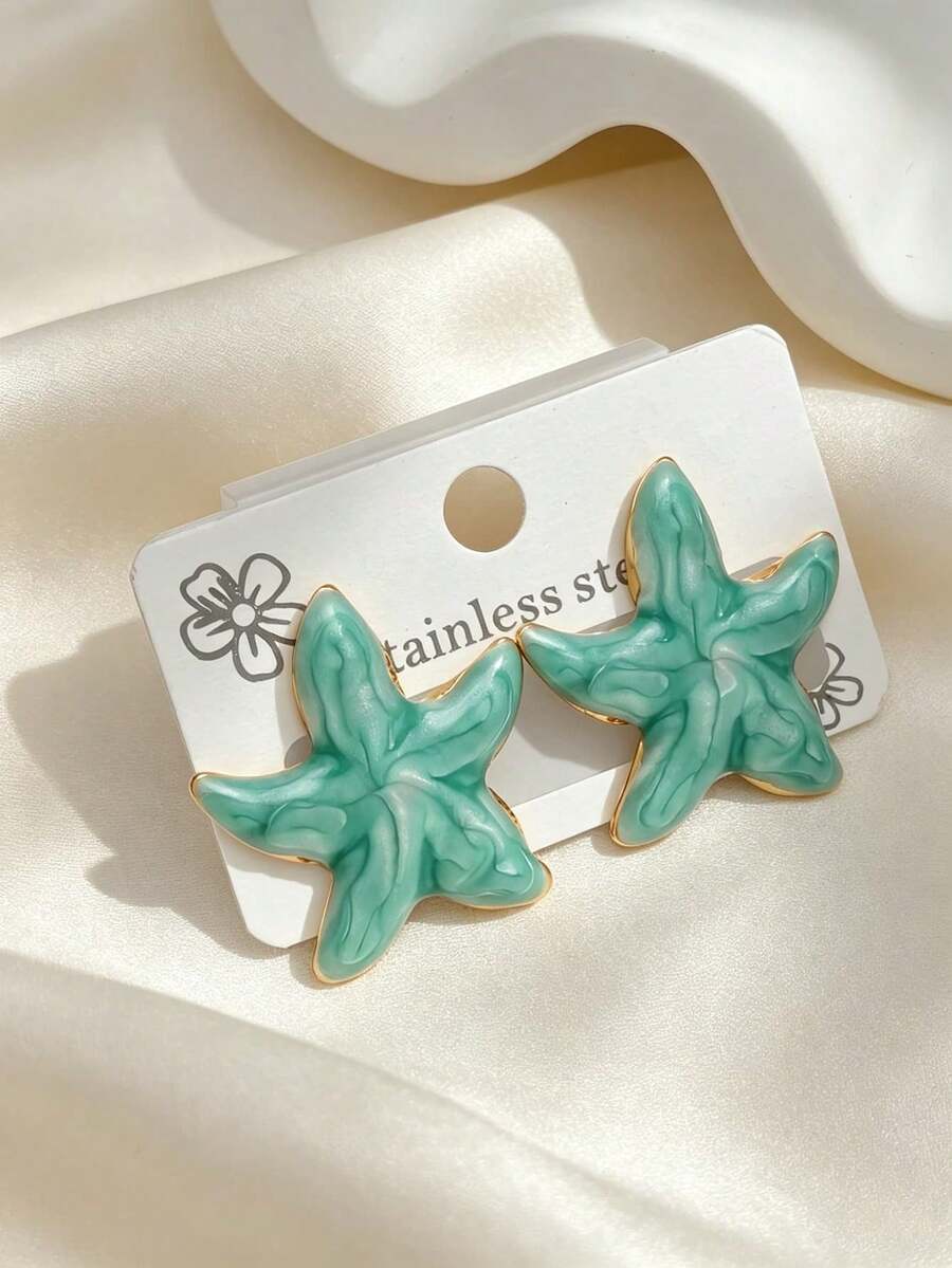 1 Pair Stainless Steel Gold-Plated Oil Drop Earrings, Low-Allergy Fade-Resistant, Elegant Green Enamel Starfish Earrings, Summer Forest Ocean Beach Style, Bohemian Style, Suitable For Women's Daily Wear, Dates, Vacations And Valentine's Day, Perfect Holiday Gift - Multicolor - View 1