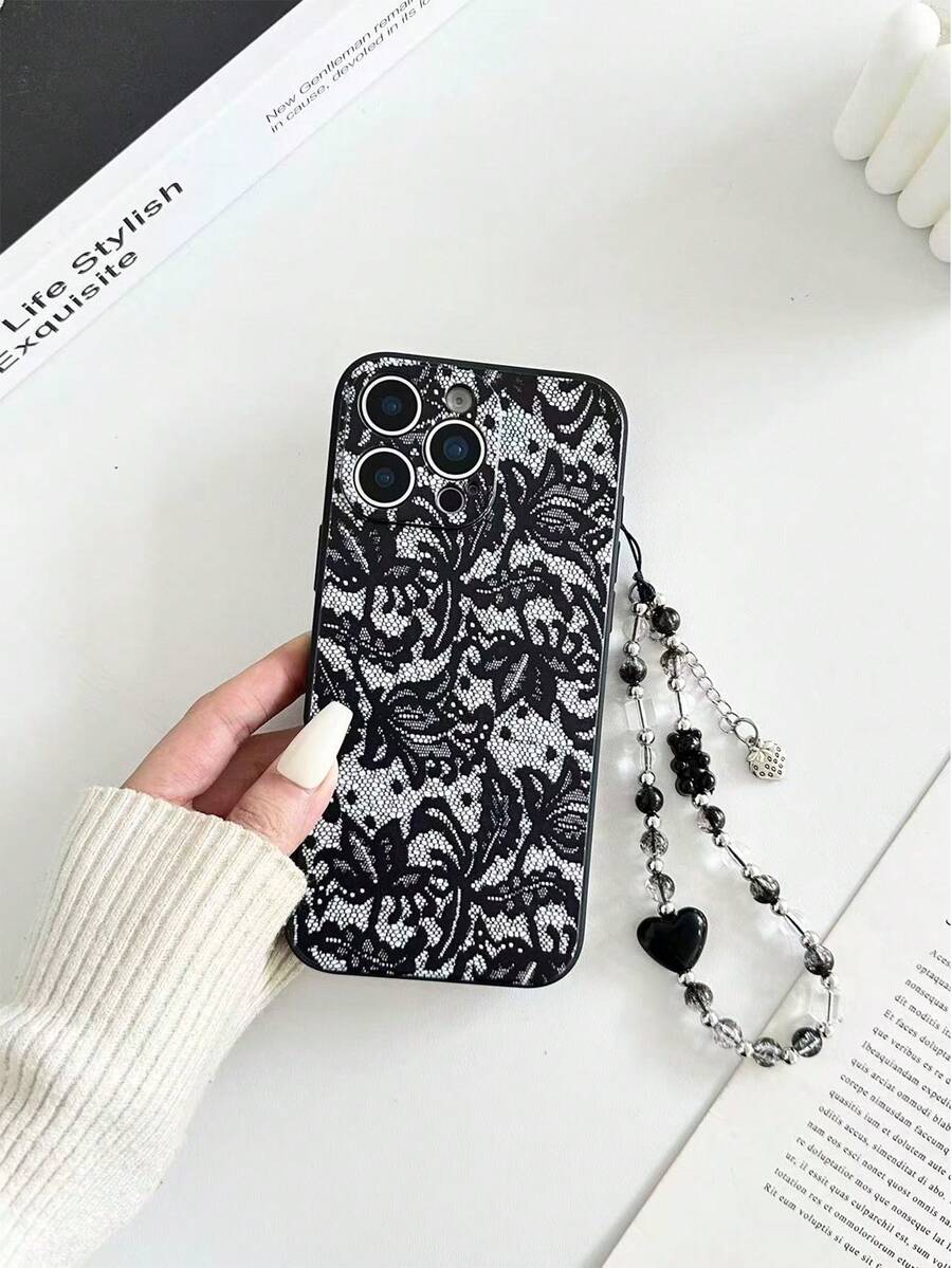 精準切割直邊黑色蕾絲花卉彩繪鏈條防震手機殼，適用於 iPhone 17pro/17Air/17/17promax16/11/16pro/16plus/16promax/16e/15Promax/13/14/12/XS/XR/7G/8P，適用於 Galaxy S25/S25PLUS/S25 Ultra/A16/A36/A26/A56/A50/A12/A32/A52/A72/A51/A21S/A13/A14/S24/S24PLUS/S24Ultra,S22 系列防震手機保護殼