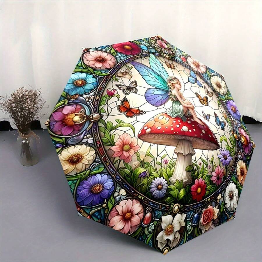 2D-tryckt färgglatt glas-paraply med blomster-, fjärils- och svampmönster, automatiskt fällbart, solskyddande, lätt och bärbart, lämpligt för utomhusfotografering, daglig pendling, anpassad semesterpresent - Multifärgad - Visa 1