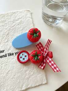 2pcs Button Tomato Plaid Bow Hair Clips, Sweet Girl Side Bangs Clip, Cute Versatile Alligator Hair Clips,Claw Clips - Multicolor - View 2
