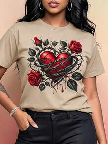 T-shirt da donna in stile gotico con rose a forma di cuore, nera e rossa, rosa spinosa, stile gotico per donne - Sottocultura High Street, stile dark, 100% cotone, top estivo, faci - Albicocca - Visualizzare 5