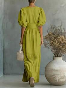 Women's Elegant Summer/Autumn Pleated Dress, Solid Autumn Yellow, Short Petal Sleeve With Pockets, Suitable For Holiday, Party, Wedding Guest, Outing - Lime Green - View 4