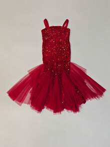 ALISA&LEO Girls' Spaghetti Strap Backless Sequin Mermaid Dress With Tulle Trim, Elegant Silhouette, Suitable For Photos, Formal Events, Weddings And Beauty Pageants - Red - View 6