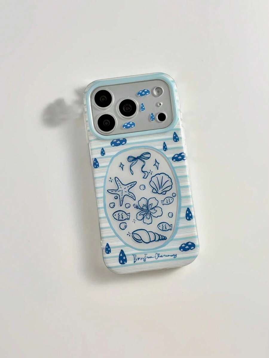 Blue Striped Ocean Shell & Conch Summer Vacation Fresh Style Creative Phone Case - Compatible With Apple 17 Pro Max Air 16 15 14 13 12 11 Pro Max Plus 14/15/16pro Niche 17pm Glossy Phone Protective Cover - Multicolor - View 1