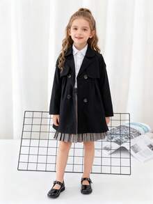 Girls' Double-Breasted Trench Coat Jacket, British Style Mid-Length Trench Coat, Versatile Children's Top, Young Girl' Clothing For Spring, Autumn And Winter - Black - View 2