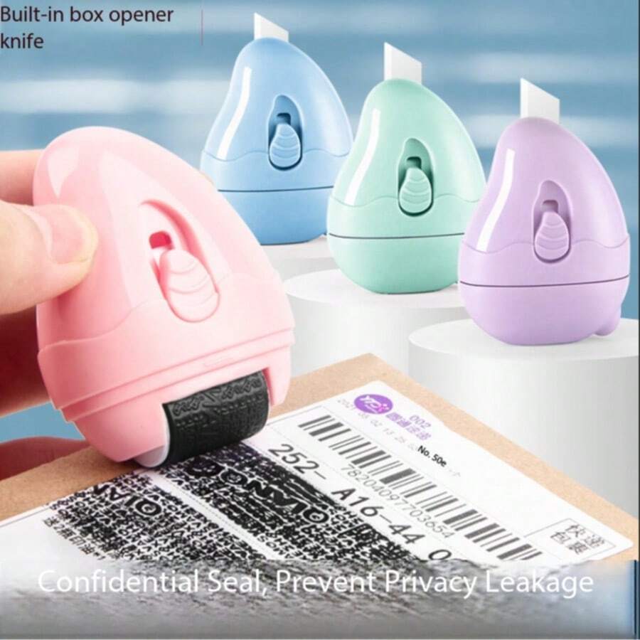 2 In 1 Privacy Protection Roller Stamp With Retractable Box Cutter, Portable Confidential Data Shield Stamp For Express Package Address Information Blocker, Cute Egg Shape Anti-Leak Privacy Seal Tool