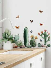 A Refreshing Watercolor Cactus Wall Sticker, Perfect For Decorating Your Bedroom, Living Room, Or Hallway Baseboards. Featuring Forest-Style Tropical Flowers, Green Plants, And Butterflies, It's Great For Creating A Fresh And Natural Home Vibe. - Wall Stickers - View 10