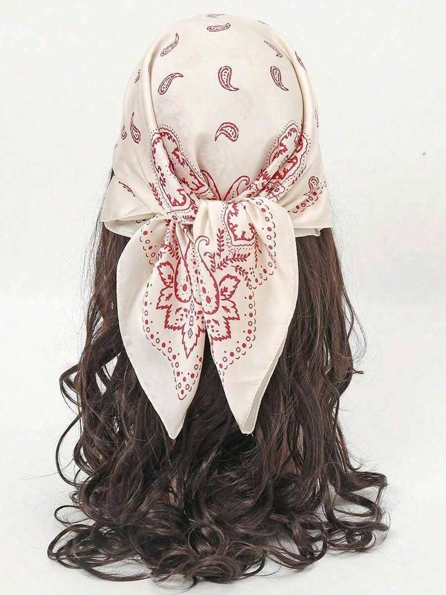 1pc Cashew Flower Print Square Scarf Suitable For Vacation Wear - S20597 - Pink - View 1