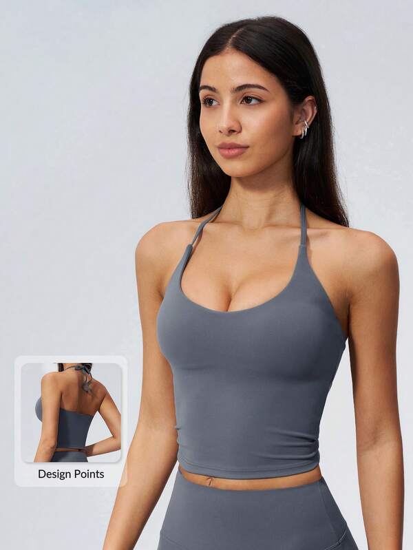 MASKERT Women's Halter Neck Round Neck Cropped Tank Top With Built-In Bra, Yoga Fitness Top, Suitable For Gym, Running, Dance Training, Tennis, Volleyball And Outdoor Sports