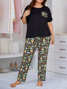 Plus Size Women's Casual Comfortable Short Sleeve Long Pants Pajama Set - Black - View 9