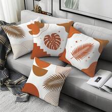 4 pièces Housses de coussin orange et marron avec motif de feuilles botaniques géométriques, imprimées sur un seul côté en velours de peau de pêche doux pour la peau, housses de coussin 45*45CM convenant pour la décoration intérieure, la décoration de fête, les housses de coussin décoratives en cadeau - Multicolore - Voir 7