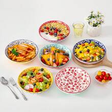 vancasso 6 Piece Porcelain Pasta Bowl Set, Multicolor, Ceramic Bowl For 6 Person, Ceramic Decal, 6 Different Patterns, 1200ml - 彩色 - 查看 5