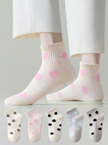 ZUJO 5雙女款彩色大圓點短襪，親膚柔軟透氣，適合春秋夏季日常穿著 - 查看 2