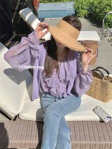 A Light Apricot-Colored Ruffled Off-Shoulder Blouse, A New Summer Style, An Irregularly Shaped Short Off-Shoulder Top. - Purple - View 8