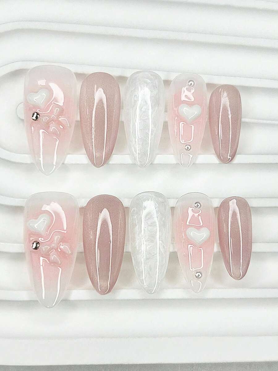 10片甜美夢幻手工壓花3D愛心蝴蝶結天鵝絨假指甲，可拆卸可重複使用美甲用品（含1片果凍貼+1片指甲锉），手工穿戴甲 - 彩色 - 查看 1