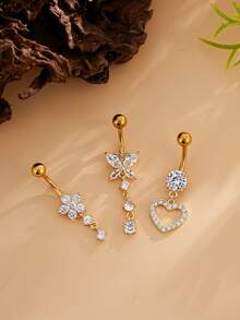 3pcs Stainless Steel Navel Ring Set Butterfly Heart Flower Inlaid Shiny Zirconia Sexy Belly Piercing Jewelry 18K Gold Plated For Women - Yellow Gold - View 3