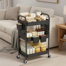 3 Tier Rolling Cart Metal Utility Cart With Wooden Table Top Drawer Hanging Cups Storage Cart For Kitchen Bathroom Office - Black - View 6