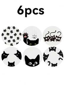 1/6/12pcs Minimalist Black Cat Silhouette Wooden Coasters, Cute Cartoon Black Cat Paw Print Round Wooden Coasters, Suitable For Cat Lovers Home Kitchen Bar Coffee Table Modern Minimalist Decor - Black - View 13