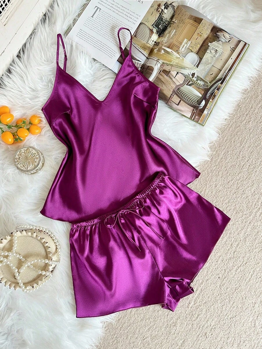 SilkySpell Conjunto de pijama de satén con encaje en contraste - Morado - Ver 1