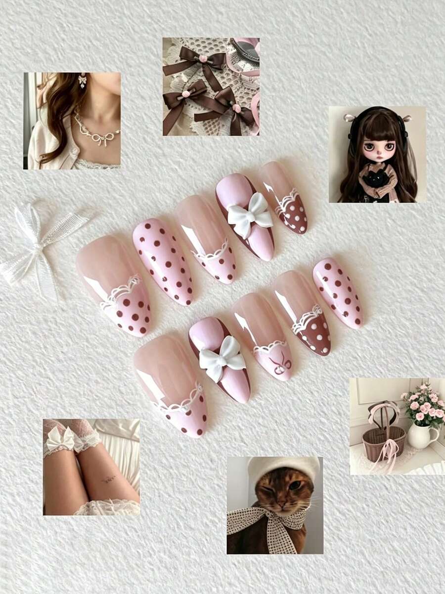 10片甜美少女風3D蝴蝶結壓克力美甲片，蕾絲與波點設計，中長款杏仁形穿戴式假指甲，適合女孩與女性在下午茶約會或與朋友拍照時配戴 - 彩色 - 查看 1