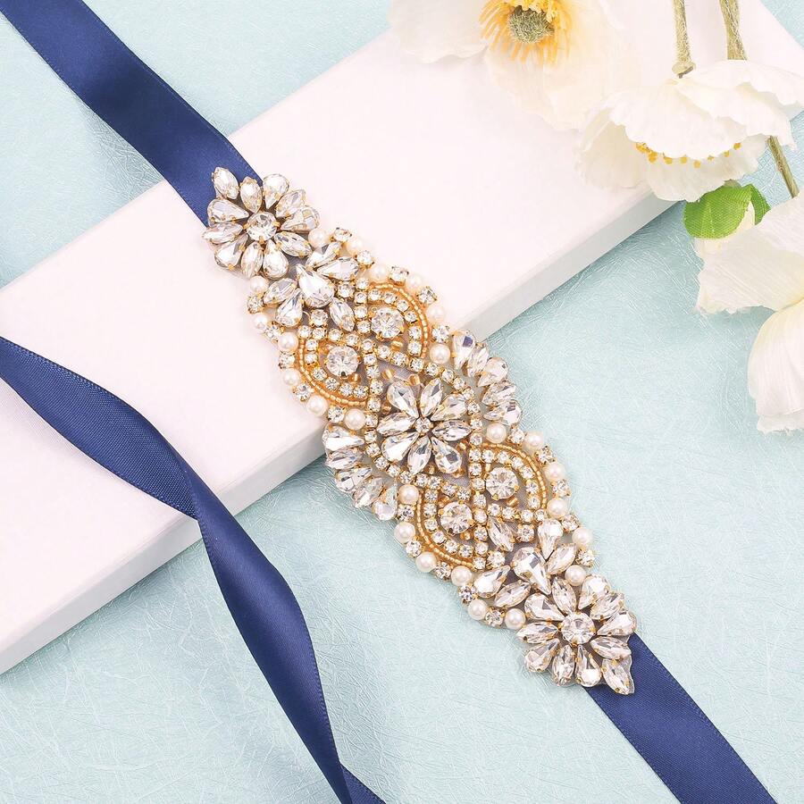 1pc Rhinestone Handmade Bridal Belt - Gold Applique+Navy Blue Ribbons - View 1