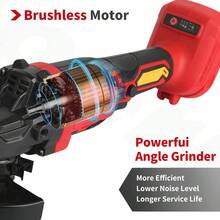 18V Brushless Lithium-Ion Angle Grinder 125mm Rechargeable Angle Grinder 10000 RPM 660W High Power Grinding/Rust Removal/Polishing Power Tool (Bare Tool - Battery Not Included) - Red - View 3