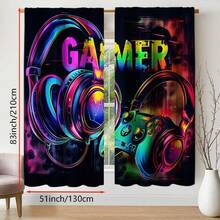 2pcs/Set Game Theme Curtains, Vibrant Headphone And Controller Design, Modern Art Privacy Decor Suitable For Bedroom, Living Room, Office Or Dorm, Polyester Fabric Machine Washable, Game Room Decoration, 2D Flat Print - Multicolor - View 13
